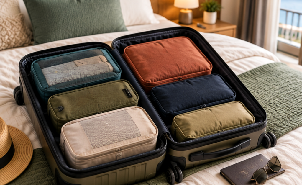 Open carry-on suitcase organised with muted packing cubes for a seven-day trip