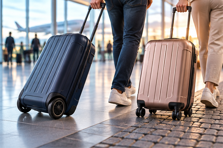Two travellers rolling a two-wheel upright suitcase and a four-wheel spinner across an airport floor and a strip of cobbled paving