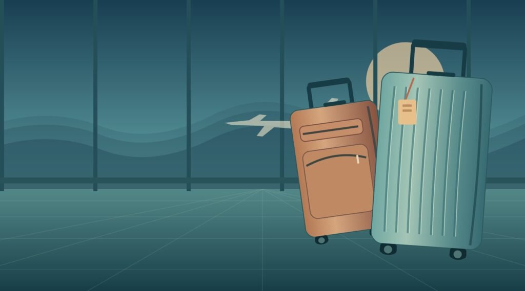 Original editorial illustration of unbranded checked suitcases in an airport terminal at dusk.