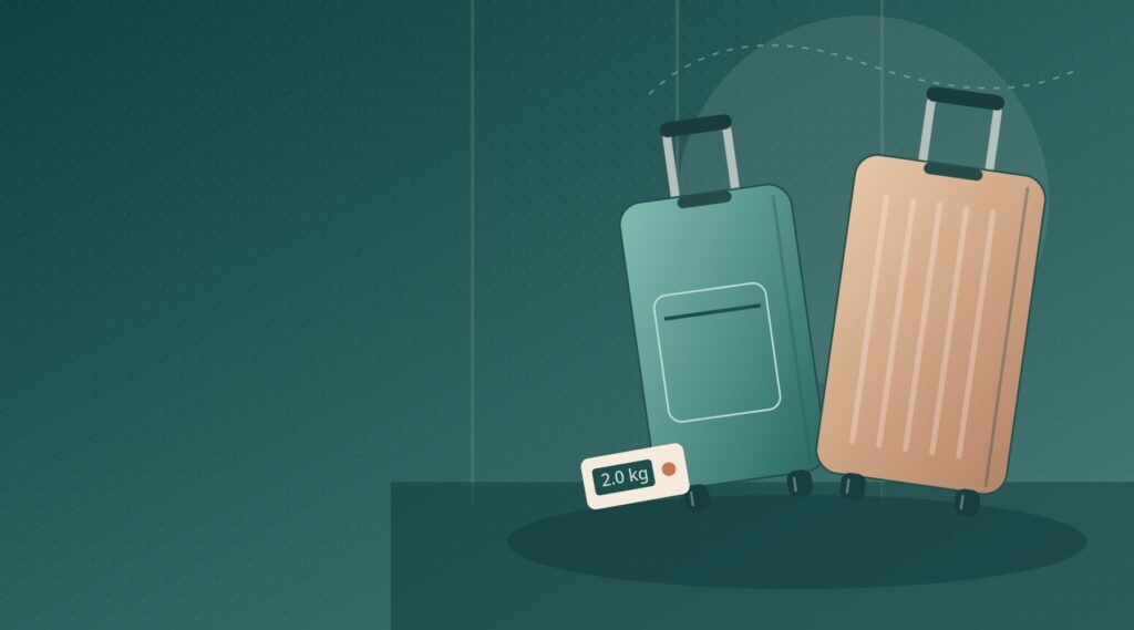 Original editorial illustration of two unbranded cabin suitcases and a luggage scale.