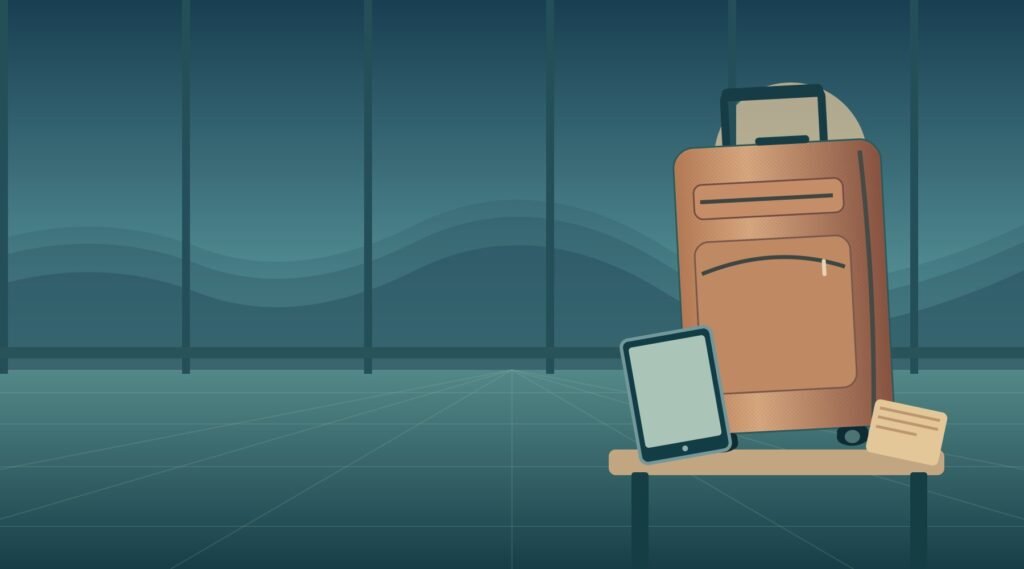Original editorial illustration of an unbranded soft-sided cabin suitcase with front pockets, a tablet and a slim travel pouch.