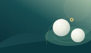 Two unbranded golf balls on a stylised short-game practice green