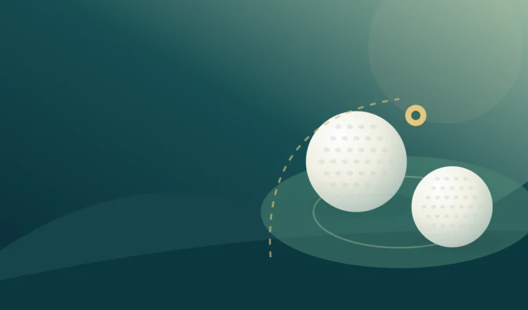 Two unbranded golf balls on a stylised short-game practice green