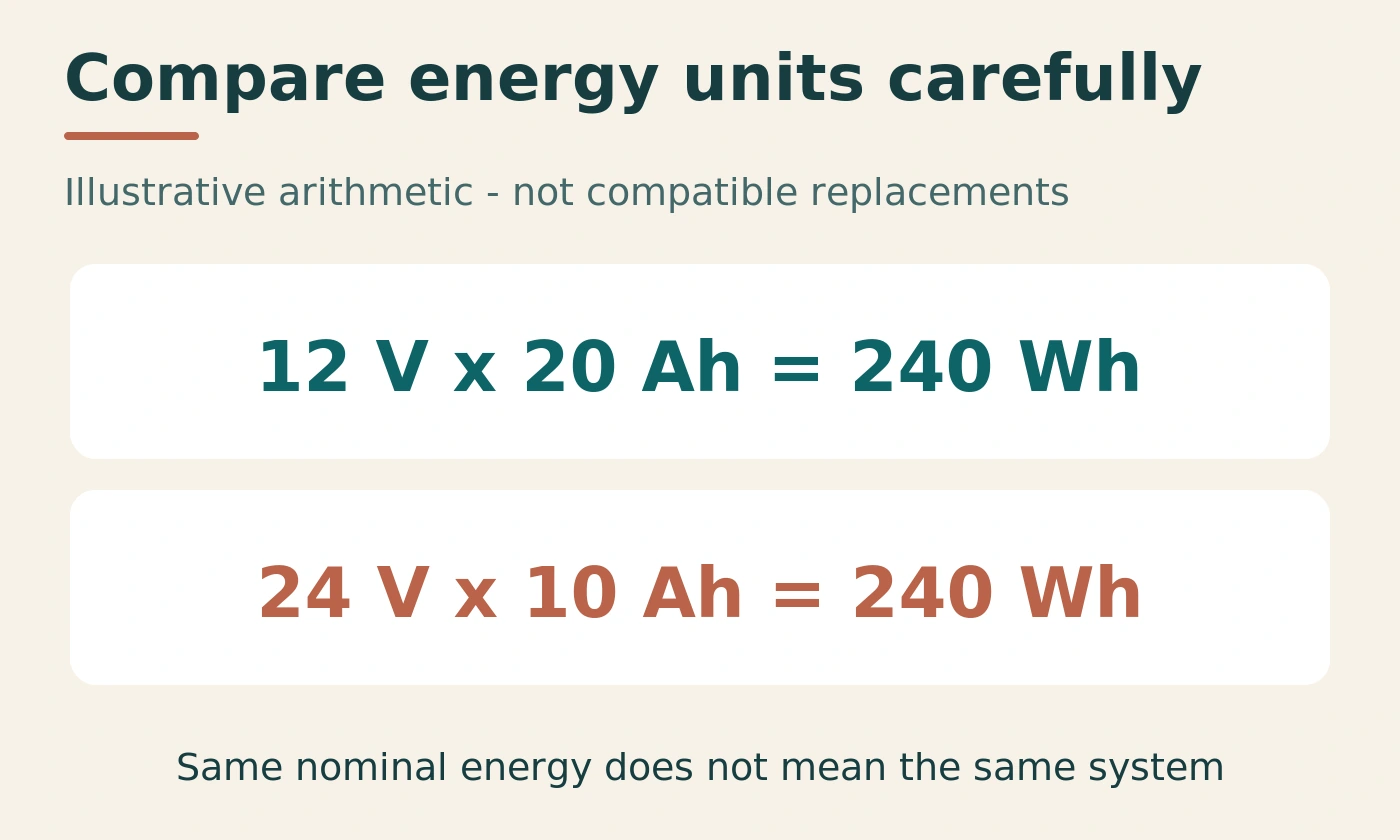 Illustrative calculations showing volts times amp-hours equals watt-hours