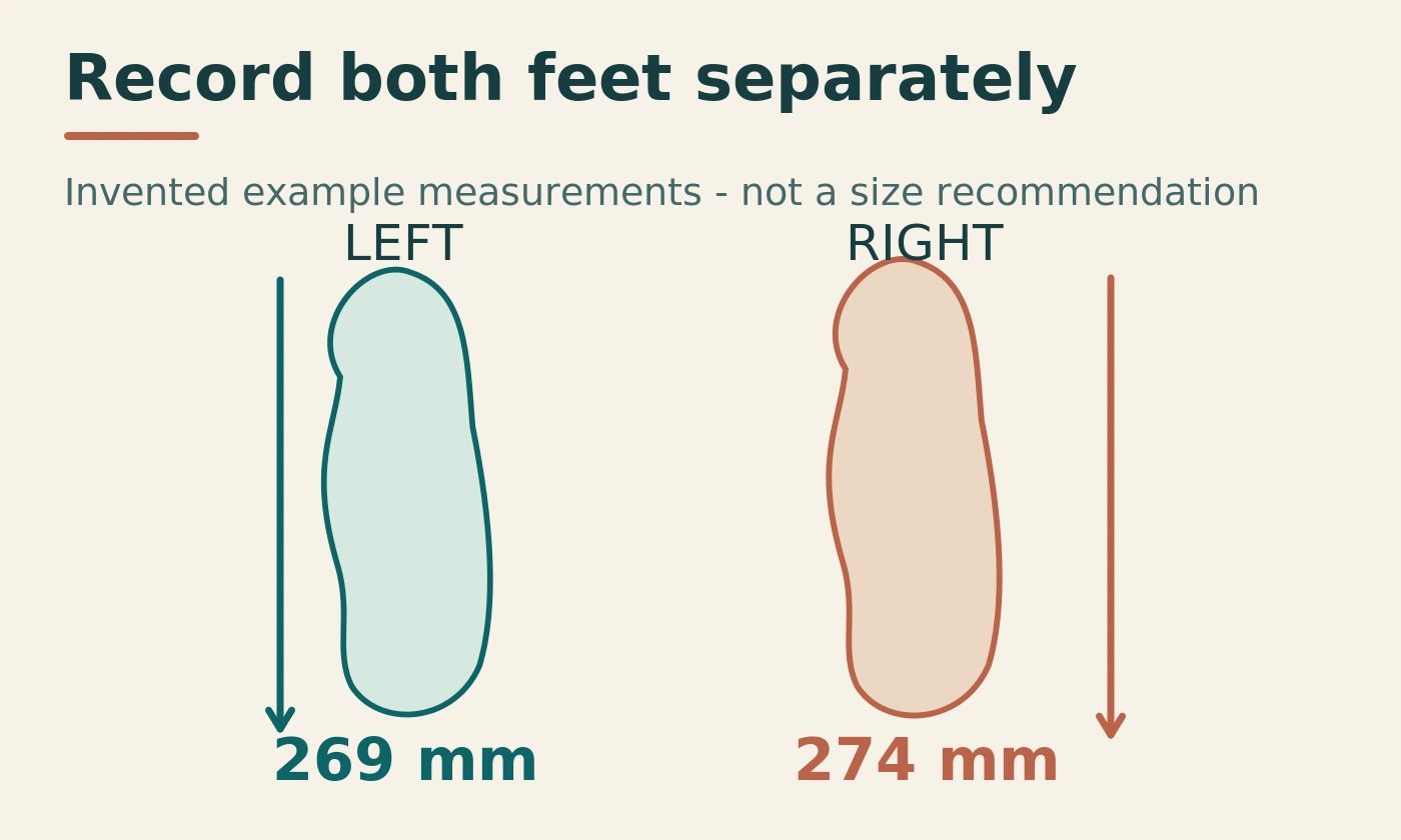 Separate left and right foot measurement diagram with illustrative 269 and 274 millimetre lengths