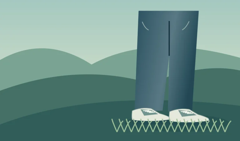 Original illustration of golf trousers and shoes beside wet grass