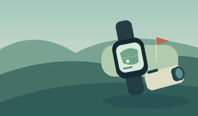 Original unbranded illustration of a golf GPS watch and laser rangefinder overlooking a green