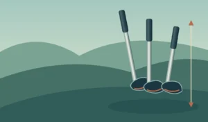 Original illustration of unbranded fairway woods beside a fitting ruler on a practice area