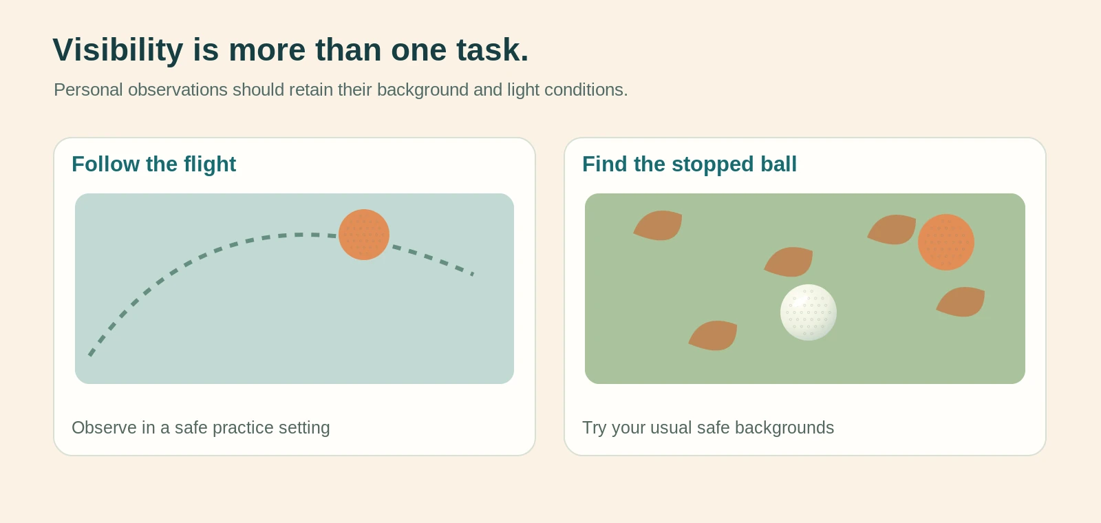 Illustration separating ball-in-flight tracking from finding a stationary ball against different backgrounds