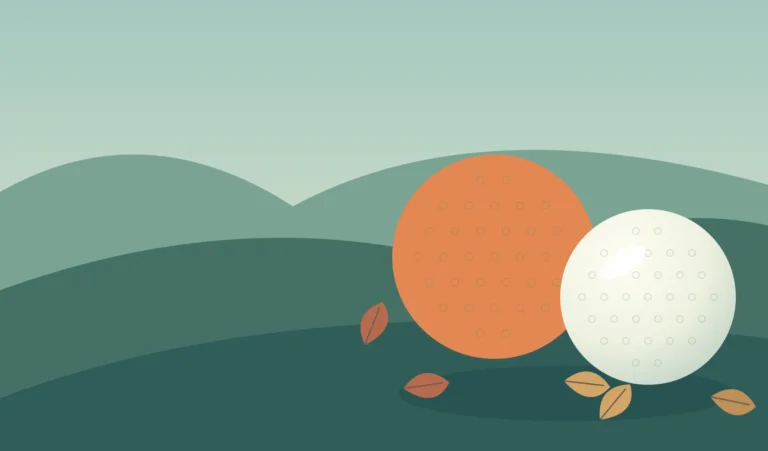 Original illustration of matte and glossy unbranded golf balls against grass and leaves