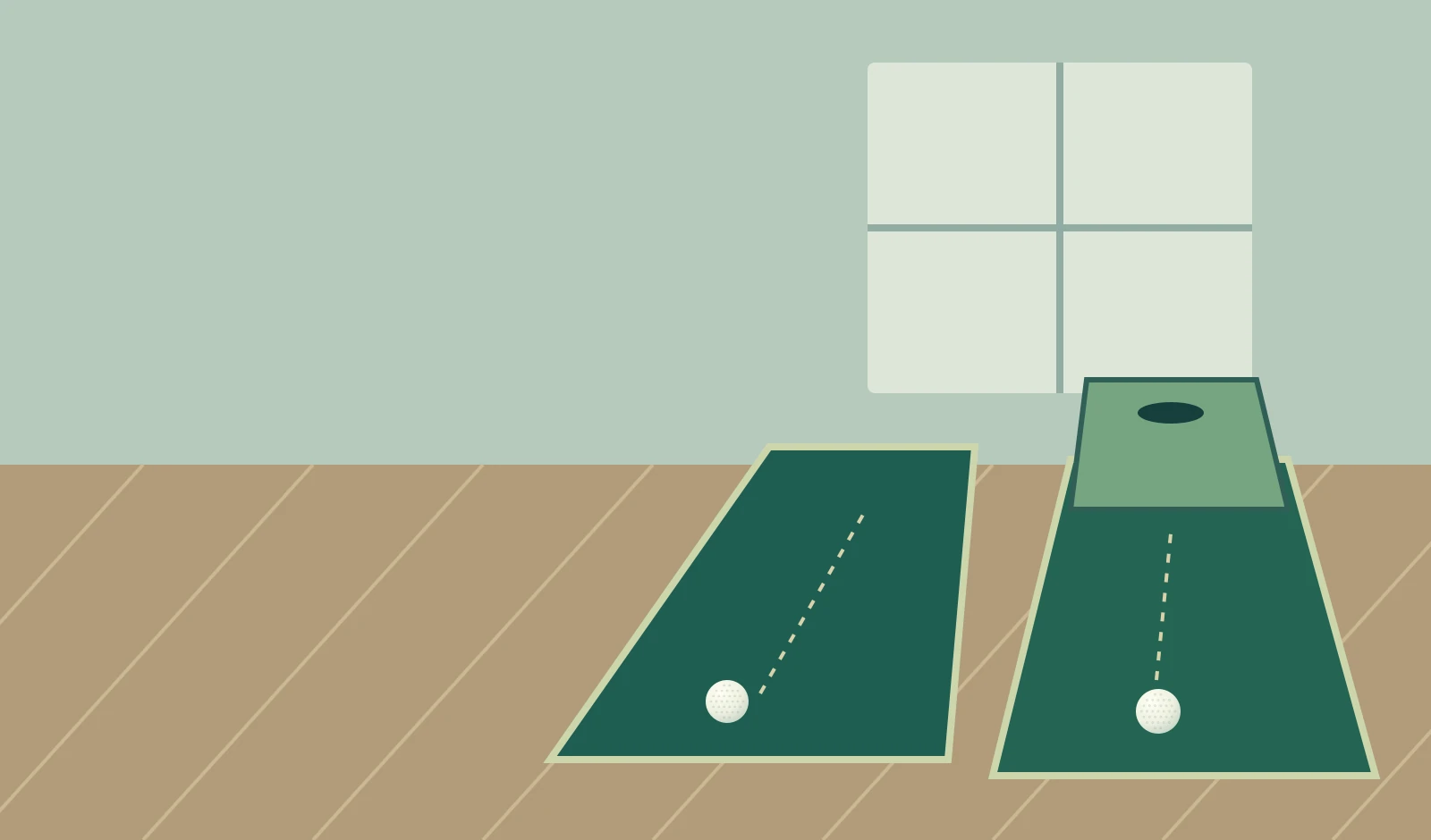 Original illustration of flat and raised-target putting layouts in a calm indoor practice space
