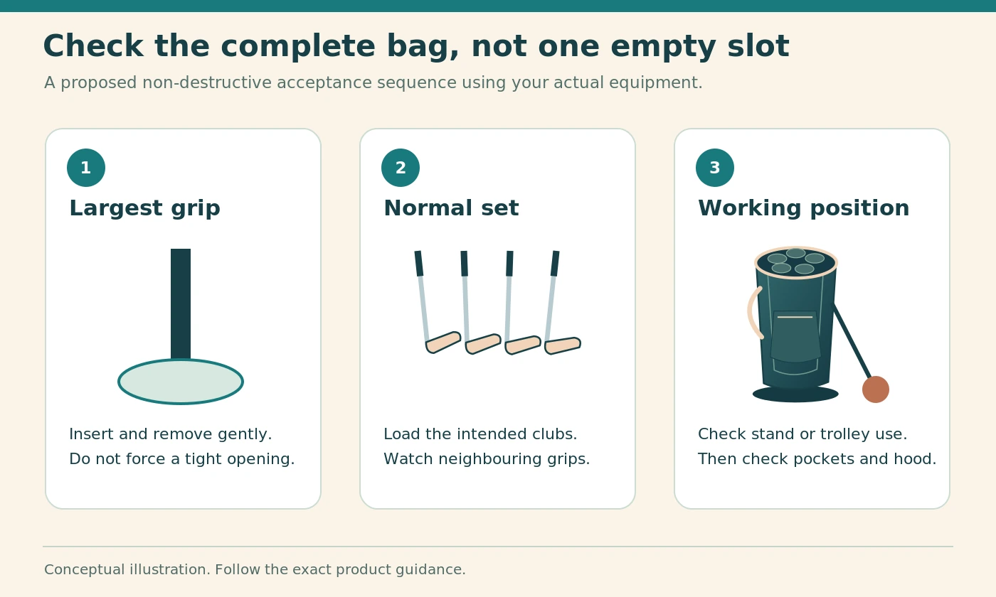 Three-stage illustration of grip clearance, complete-set loading and working-position checks