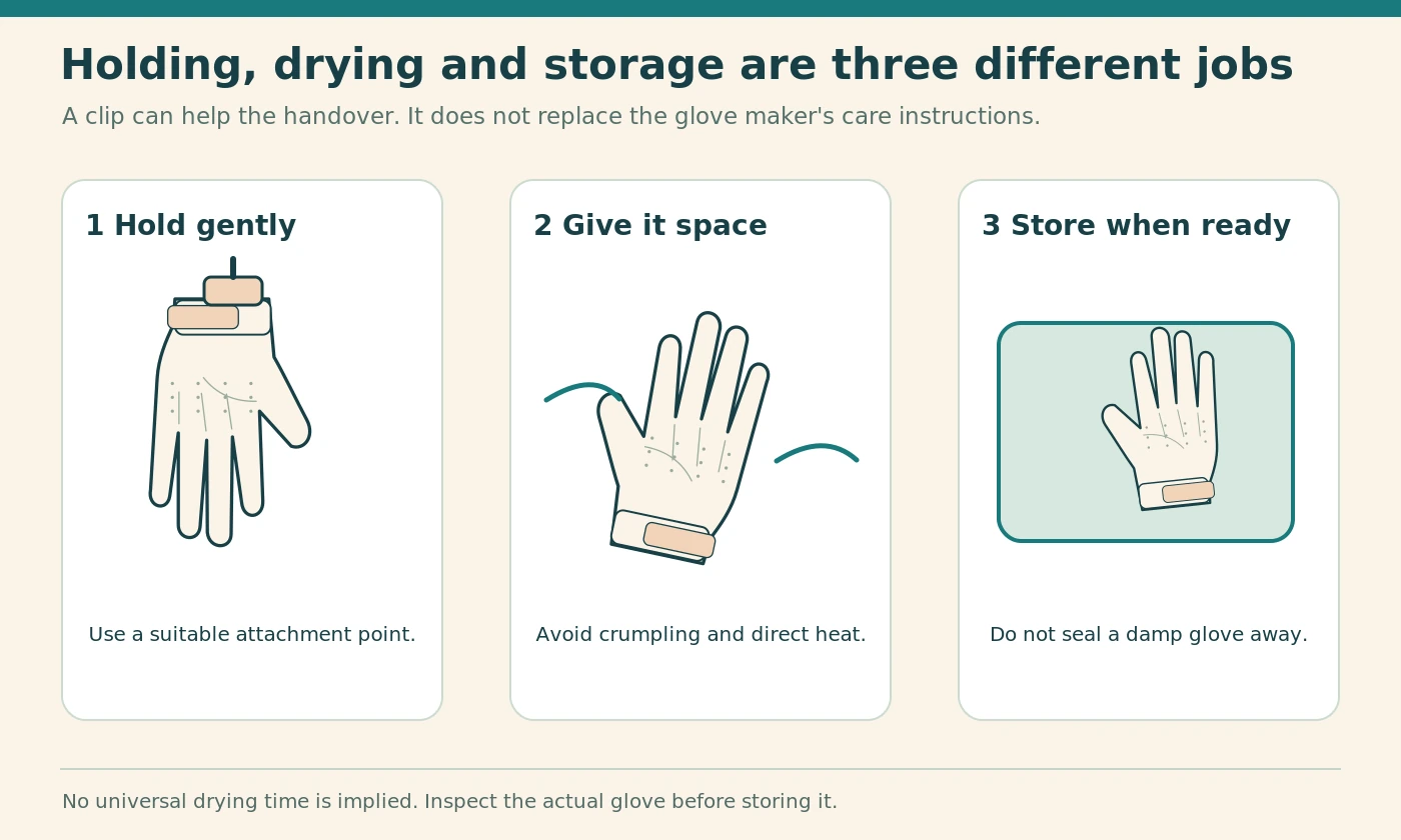 Illustration distinguishing holding, drying and storage of a golf glove