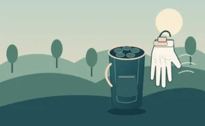 Original illustration of a golf glove supported beside a golf bag in an open setting