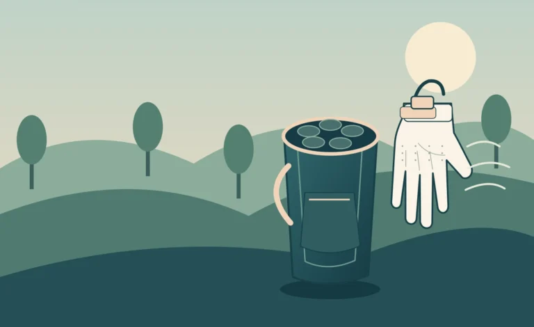 Original illustration of a golf glove supported beside a golf bag in an open setting