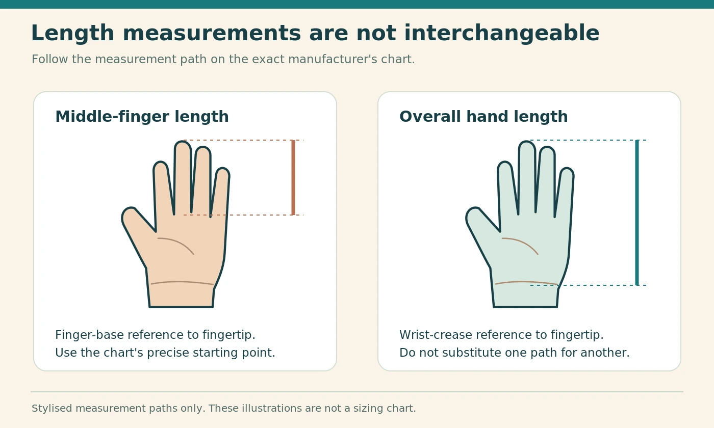 Two diagrams separating middle-finger length from overall hand length