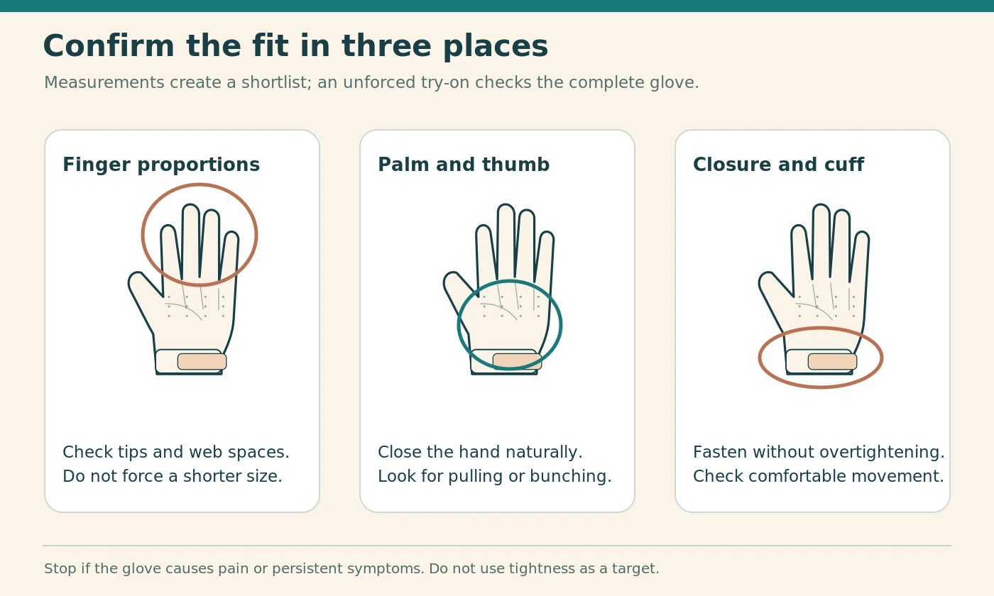 Illustrated fit checks for glove fingers, palm, thumb and closure