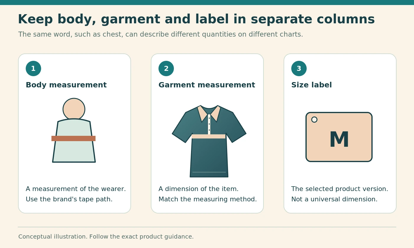 Diagram separating body measurement, garment measurement and size label