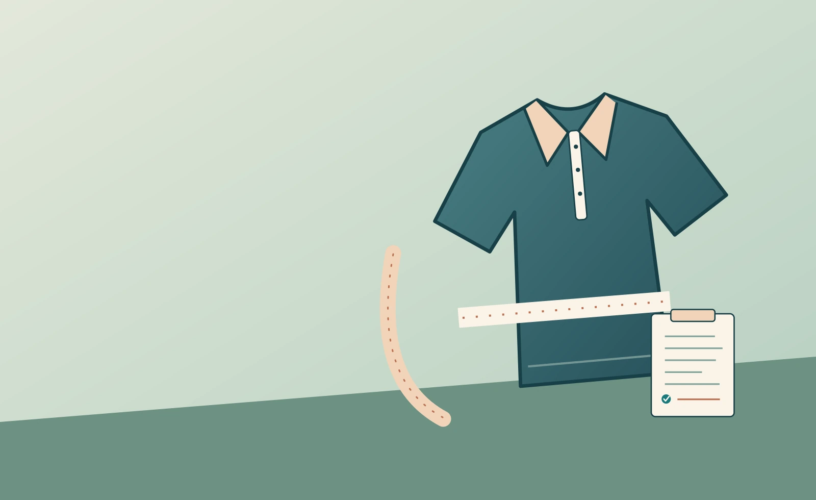 Original flat-lay illustration of a polo shirt, measuring tape and comparison record