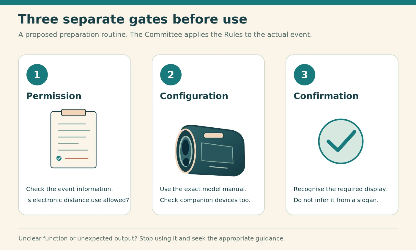 Three-gate diagram for event permission, configuration and display confirmation