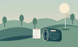 Original illustration of an unbranded rangefinder facing an elevated golf target
