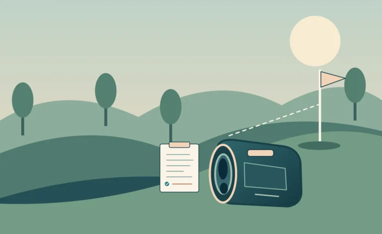 Original illustration of an unbranded rangefinder facing an elevated golf target